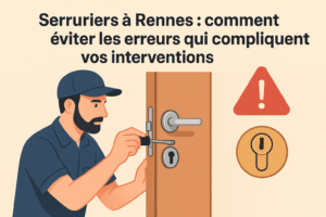 Découvrez les conseils d’un serrurier professionnel à Rennes pour éviter les erreurs fréquentes lors d’une ouverture de porte ou d’un dépannage. Illustration représentant un serrurier à l’œuvre, symbole de précision, fiabilité et sécurité